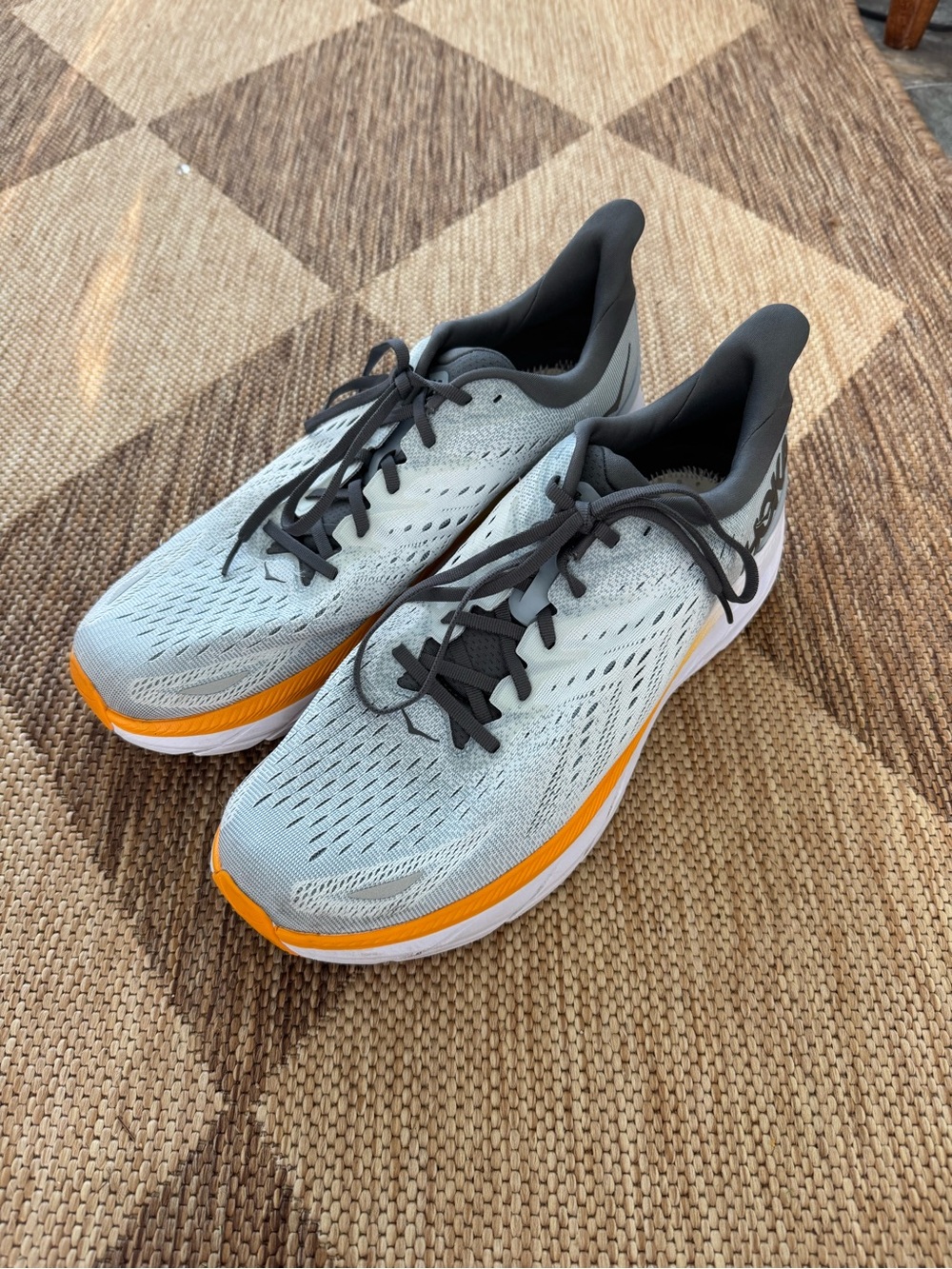 Hoka Men's Light Gray and Orange Clifton 8 Running Shoes